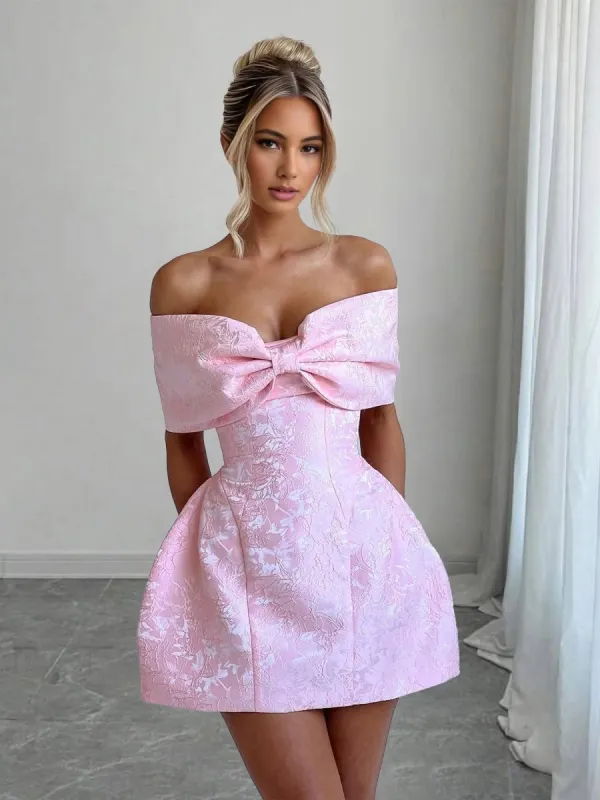 Hunter | Pink - Off The Shoulder Satin A Line Homecoming Dress With Appliques sold by KissProm