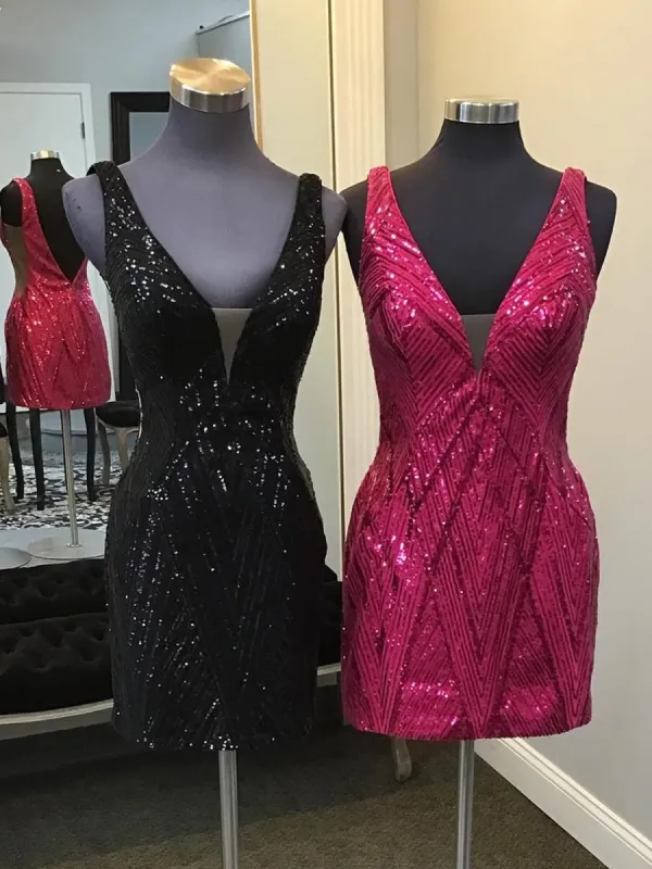 Perdina | Magenta - V-neck Sequins Short Homecoming Dress With Open Back sold by KissProm
