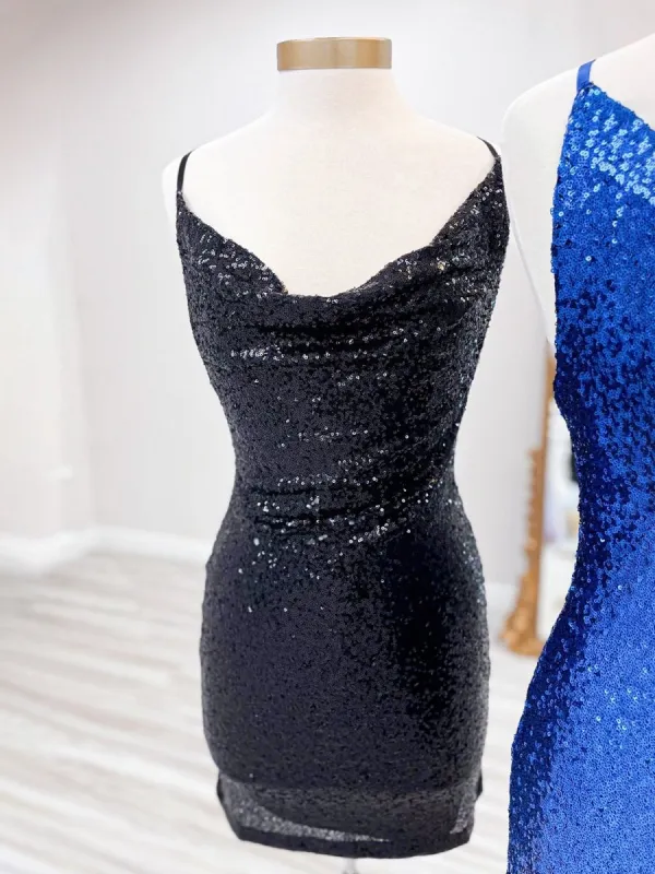 Salvia | Black - Spaghetti Straps Sequins Sheath Short Homecoming Dress sold by KissProm