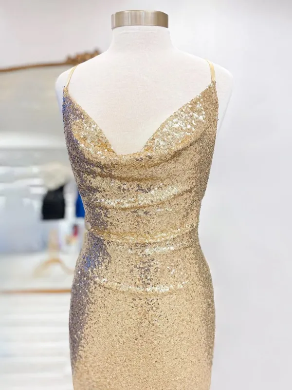 Salvia | Gold - Spaghetti Straps Sequins Sheath Short Homecoming Dress sold by KissProm