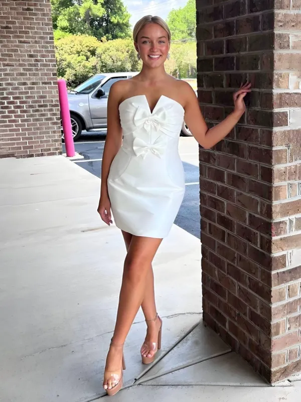 Bertilla | White - Strapless Satin Short Homecoming Dress With Bows sold by KissProm