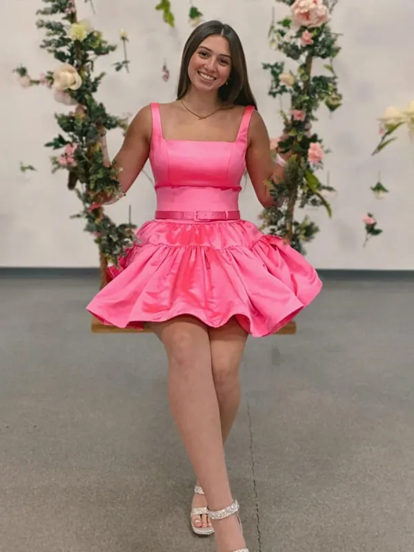Gilliana | Hot Pink - Square Neck Satin A-Line Homecoming Dress With Ruffles sold by KissProm
