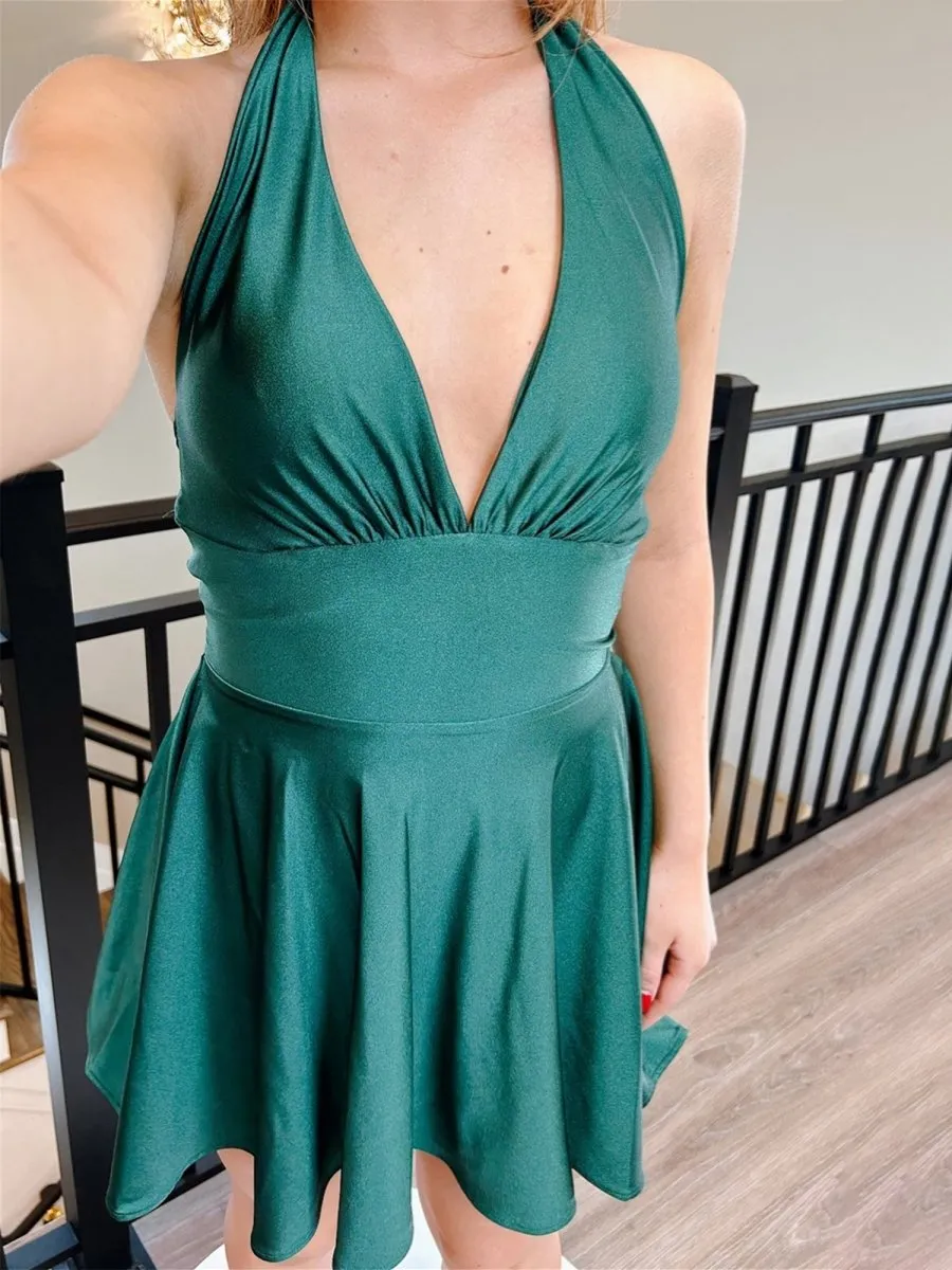 Sylvette | Emerald - Halter A Line Satin Short Homecoming Dress sold by KissProm product image thumbnail 3