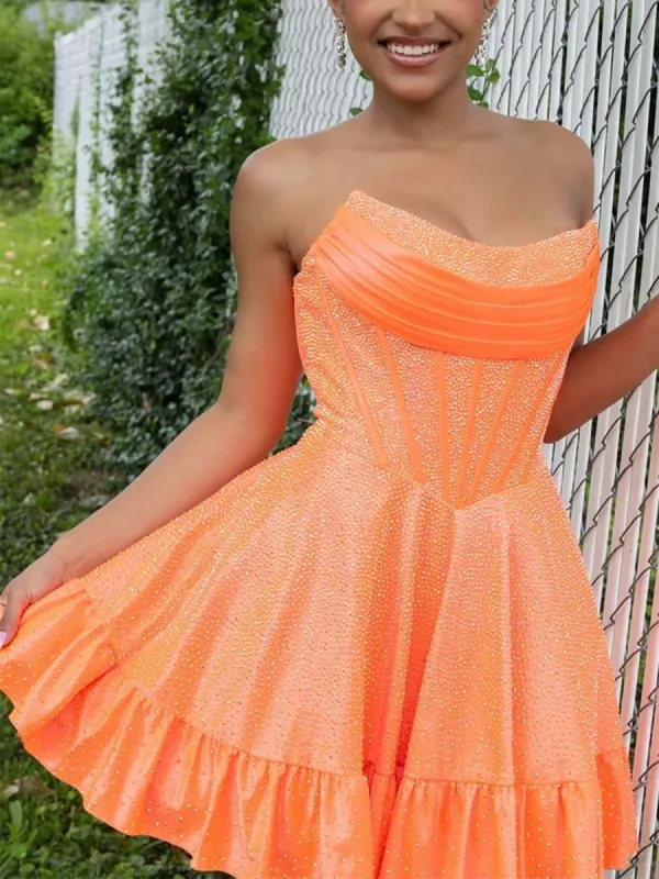 Selima | Orange - A Line Scoop Neck Satin Corset Ruffled Homecoming Dresses With Beadings sold by KissProm