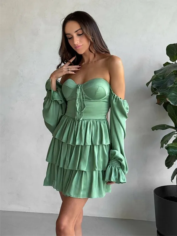 Capucine | Sage - A Line Off the Shoulder Satin Ruffles Homecoming Dresses sold by KissProm
