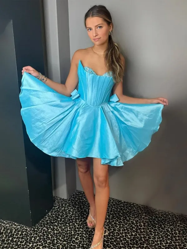 Freesia |  Blue - Strapless Satin A Line Short Homecoming Dress With Bow sold by KissProm