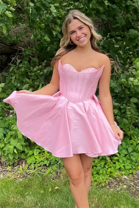 Freesia |  Pink - Strapless Satin A Line Short Homecoming Dress With Bow sold by KissProm