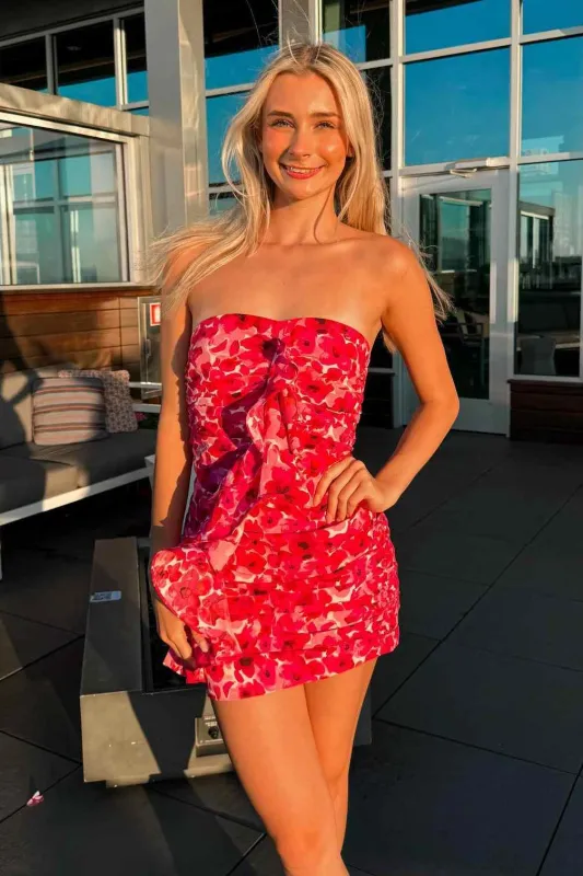 Midna | Fuchsia - Sheath Strapless Floral Ruffles Short Homecoming Dresses sold by KissProm