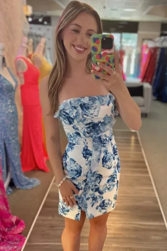 Midna | Blue - Sheath Strapless Floral Ruffles Short Homecoming Dresses sold by KissProm
