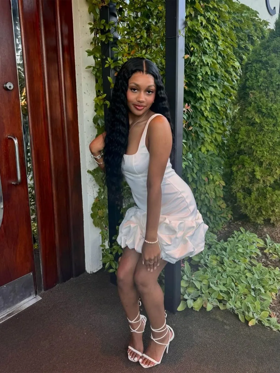 White - A Line Square Neck Satin Ruffles Short Homecoming Dress sold by KissProm product image thumbnail 4