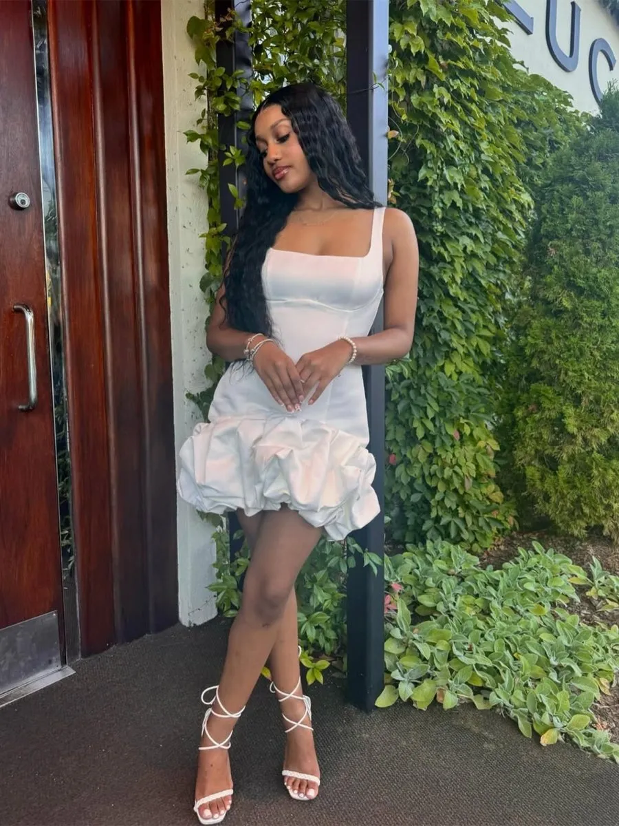 White - A Line Square Neck Satin Ruffles Short Homecoming Dress sold by KissProm product image thumbnail 3