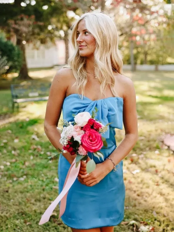 Kale | Blue - Sheath Strapless Short Homecoming Dresses With Bow sold by KissProm