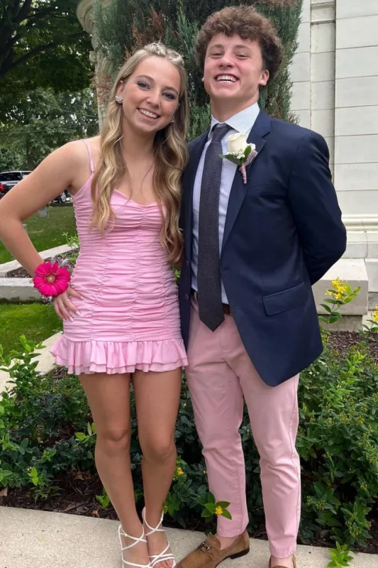 Narine | Pink - Sheath V Neck Pleated Short Homecoming Dress sold by KissProm