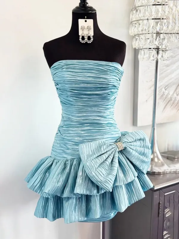 Brinelle | Sky Blue -  A Line Strapless Pleats Short Homecoming Dress with Bow sold by KissProm