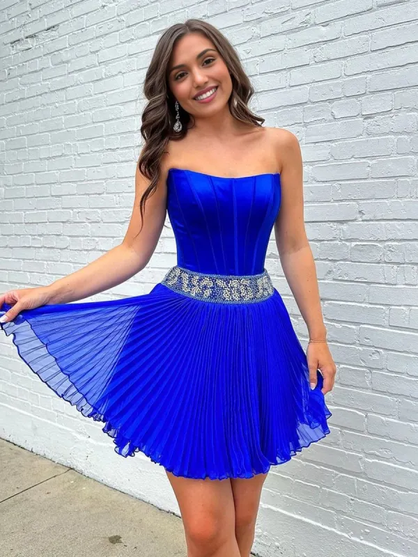 Faelina | Royal Blue - A Line Strapless Chiffon Short Homecoming Dresses With Beadings sold by KissProm
