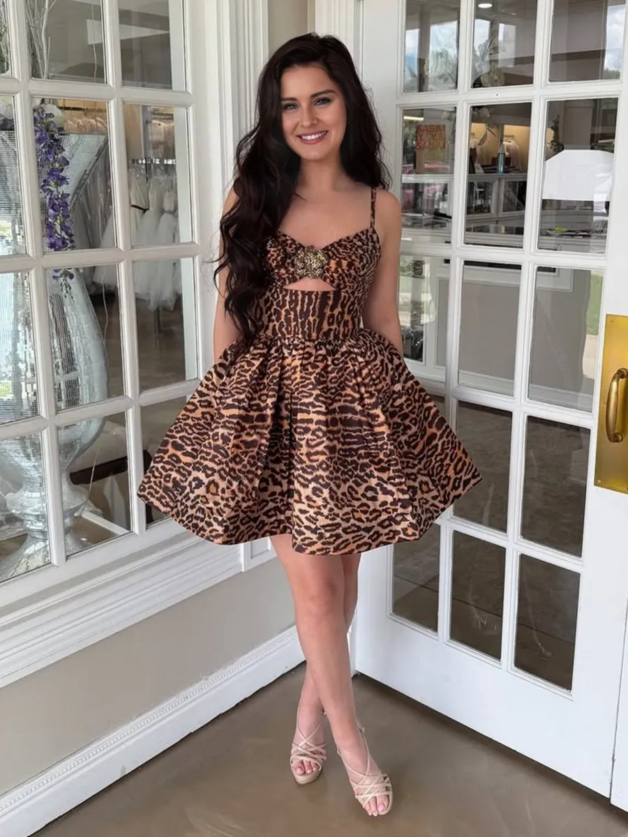 Saela | Leopard - A Line Spaghetti Straps Satin Short Homecoming Dress With Beadings sold by KissProm product image thumbnail 4