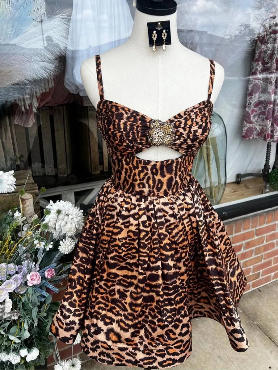 Saela | Leopard - A Line Spaghetti Straps Satin Short Homecoming Dress With Beadings sold by KissProm product image thumbnail 3
