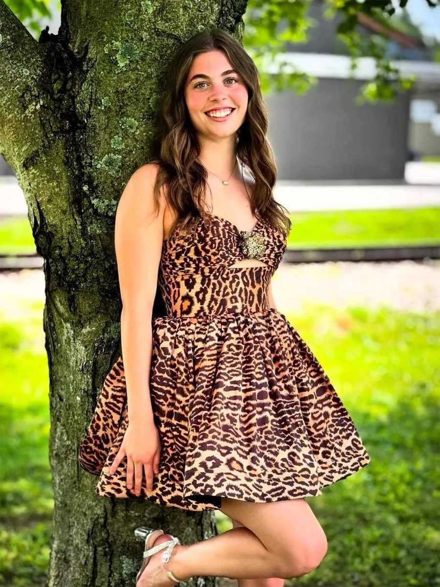 Saela | Leopard - A Line Spaghetti Straps Satin Short Homecoming Dress With Beadings sold by KissProm product image thumbnail 2