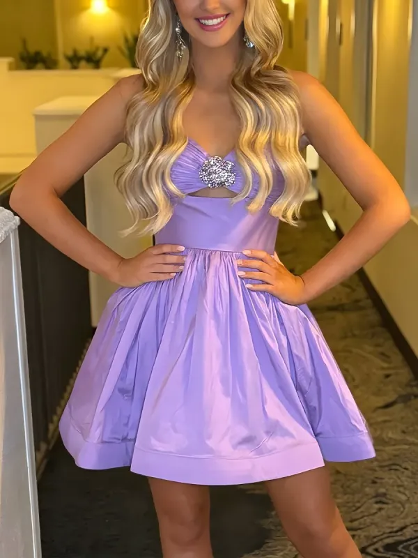 Saela | Lilac - A Line Spaghetti Straps Satin Short Homecoming Dress With Beadings sold by KissProm