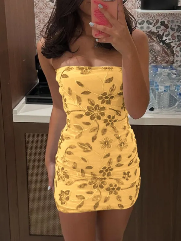 Quelina | Yellow - Strapless Bodycon Beaded Floral Short Homecoming Dress sold by KissProm