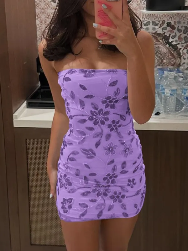 Quelina | Lavender - Strapless Bodycon Beaded Floral Short Homecoming Dress sold by KissProm