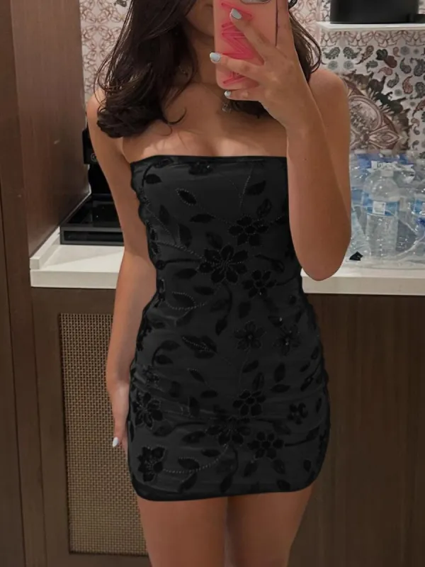 Quelina | Black - Strapless Bodycon Beaded Floral Short Homecoming Dress sold by KissProm