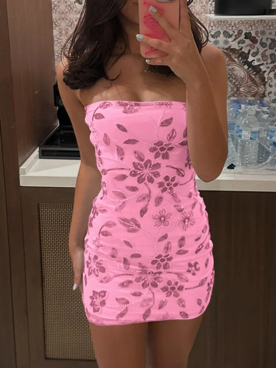 Quelina | Pink - Strapless Bodycon Beaded Floral Short Homecoming Dress sold by KissProm