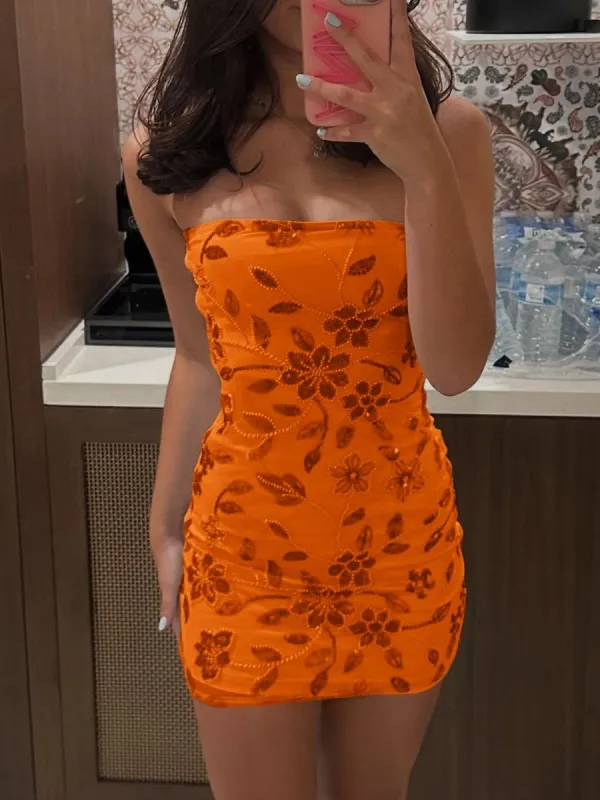 Quelina | Orange - Strapless Bodycon Beaded Floral Short Homecoming Dress sold by KissProm
