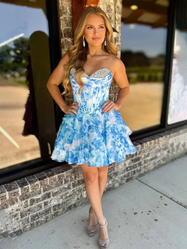 Evolet | Blue - A Line Sweetheart Floral Chiffon Ruffles Homecoming Dress With Beading sold by KissProm
