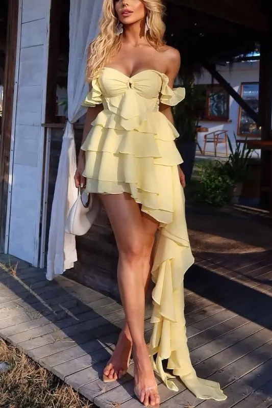 Ulani | Yellow - Off The Shoulder A Line Chiffon Ruffles Short Homecoming Dress sold by KissProm