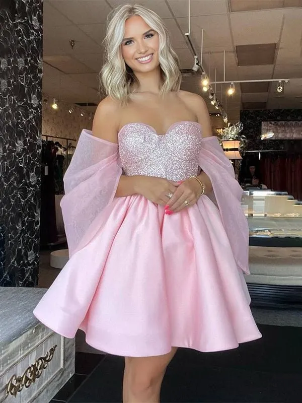 Pink - A-Line Off The Shoulder Sequined Short Homecoming Dresses sold by KissProm