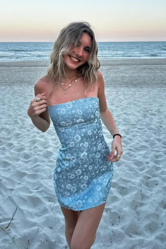 Calanthe | Blue - Strapless Flower Print Short Homecoming Dresses sold by KissProm