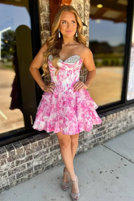 Evolet | Pink - A Line Sweetheart Floral Chiffon Ruffles Homecoming Dress With Beading sold by KissProm