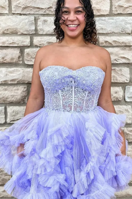 Carmelita | Lavender - Strapless A Line Ruffle Tulle Homecoming Dress With Appliques sold by KissProm