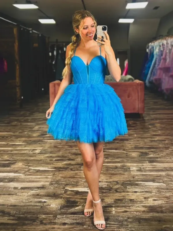 Lizy | Blue - V Neck Tulle Ruffles A-line Short Homecoming Dresses sold by KissProm