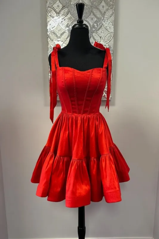 Lavandula | Red - Bow Straps Satin Ruffles A-line Short Homecoming Dresses sold by KissProm