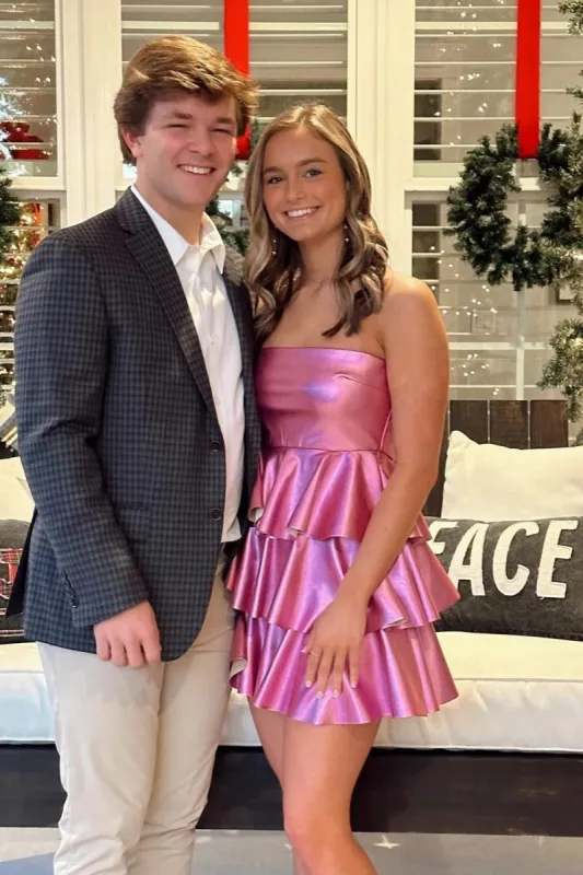 Opaline | Pink - Strapless A Line Metallic Ruffle Short Homecoming Dress sold by KissProm