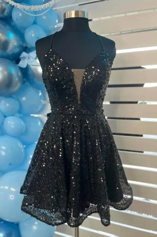 Azalea | Black - Plunging V Neck Sequins A Line Homecoming Dresses With Bow sold by KissProm