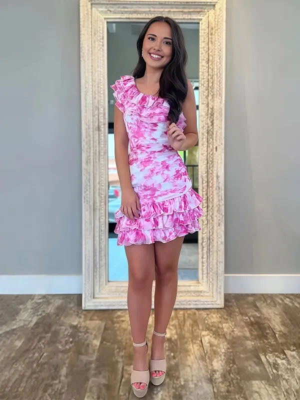 Caprice | Pink - A-Line One Shoulder Floral Chiffon Short Homecoming Dresses sold by KissProm