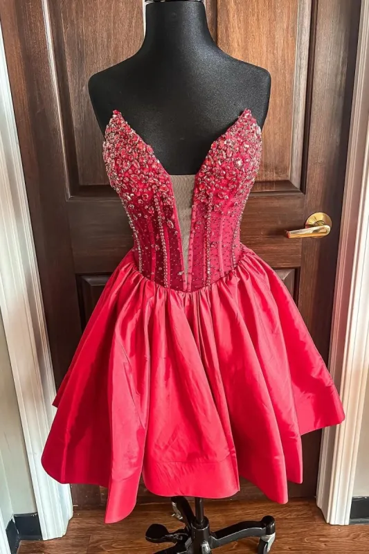 Cibrina | Red - V Neck A-line Short Homecoming Dress With Beadings sold by KissProm
