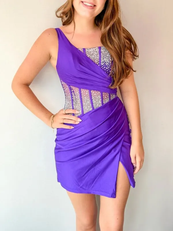 Karlyn | Grape - One Shoulder Bodycon Satin Beaded Short Homecoming Dresses With Slit sold by KissProm