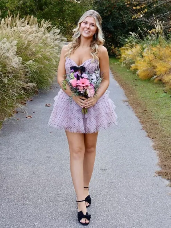 Pink - A Line Strapless Dot Tulle Ruffle Homecoming Dresses With Bow made by KissProm