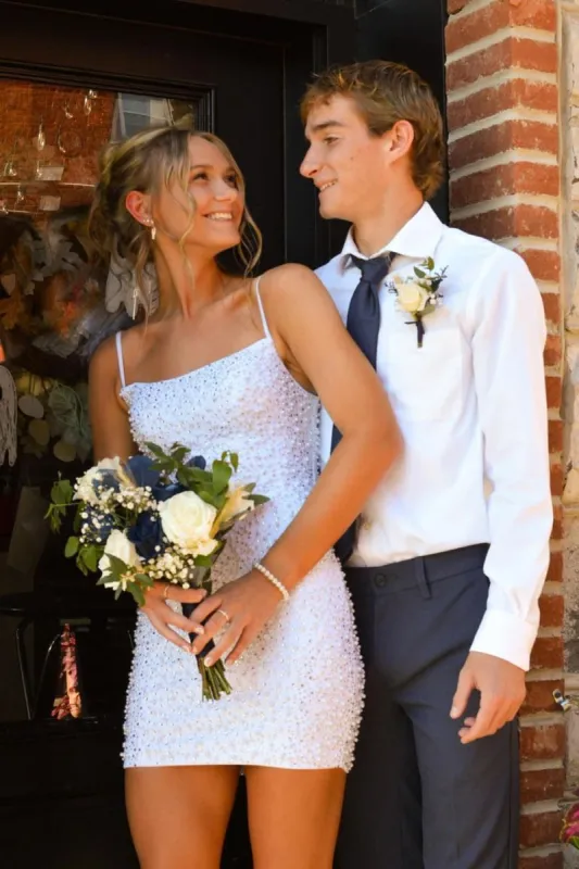Largime | White - Spaghetti Straps Bodycon Short Homecoming Dresses With Beadings sold by KissProm