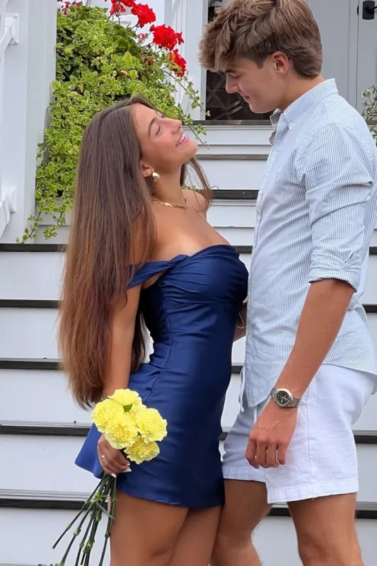 Mel | Navy Blue - Off The Shoulder A Line Satin Short Homecoming Dress sold by KissProm