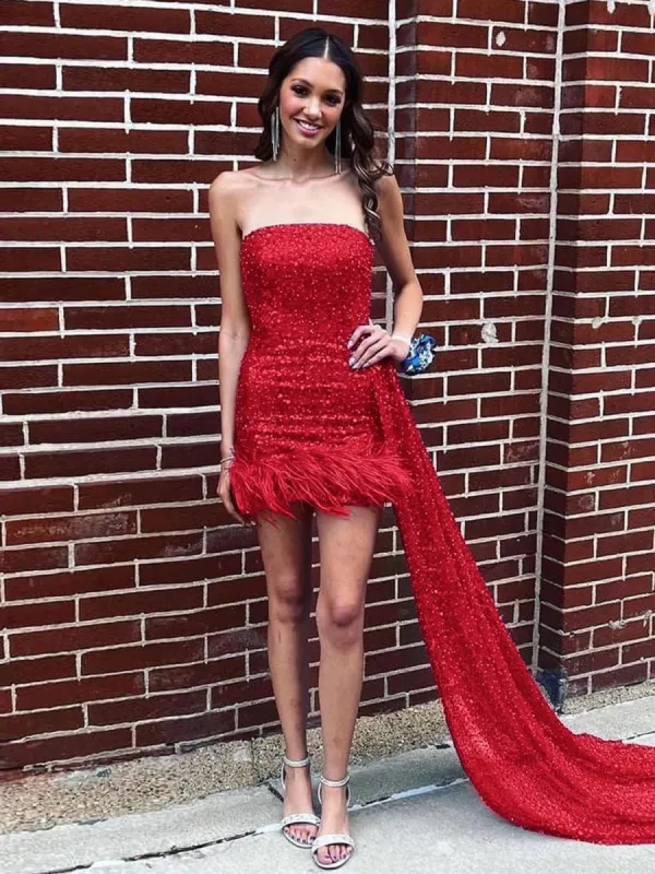 Rael | Red - Strapless Bodycon Sequins Homecoming Dresses With Feather sold by KissProm