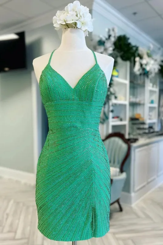 Indy | Green - Bodycon V Neck Short Homecoming Dresses With Beadings sold by KissProm