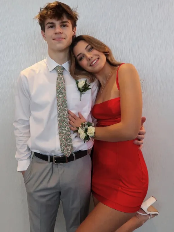 Red - Spaghetti Straps Bodycon Short Satin Homecoming Dresses sold by KissProm