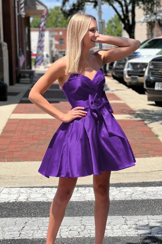 Quartz | Purple - A-line Sweetheart Satin Short Homecoming Dresses With Bow sold by KissProm