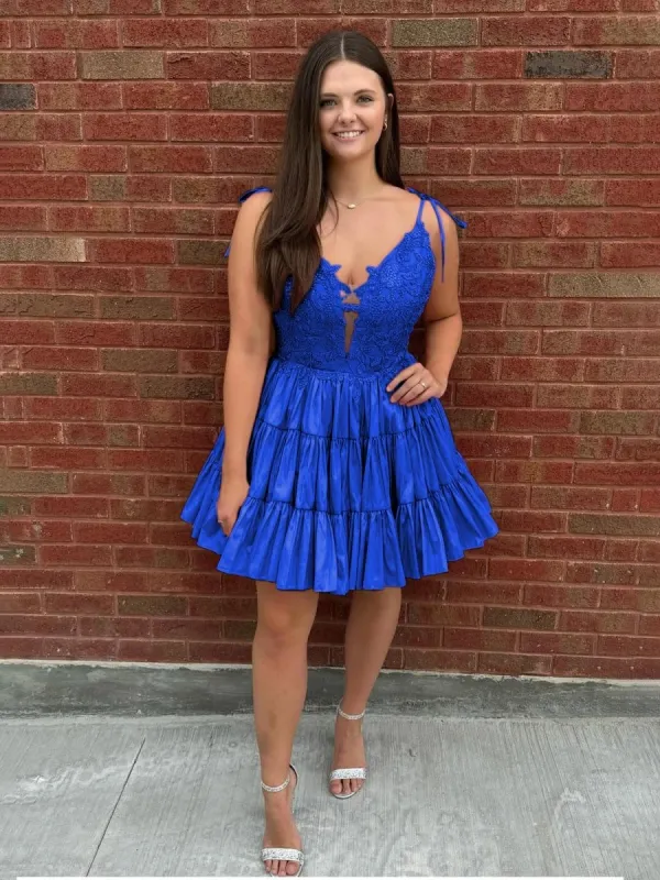 Heliodor | Royal Blue - V Neck Satin A Line Ruffles Homecoming Dresses With Appliques sold by KissProm