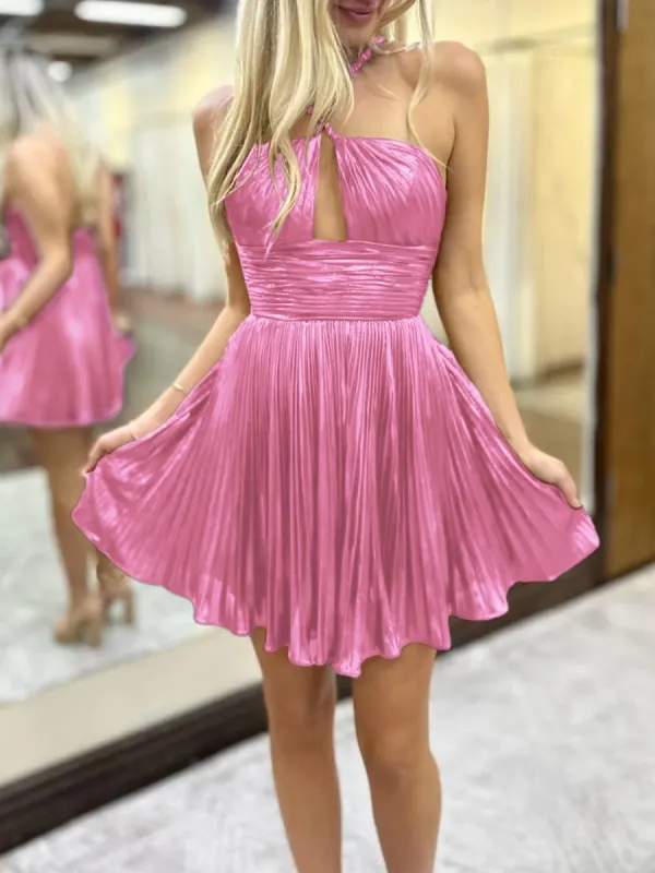 Aivee | Pink - A-Line Spaghetti Straps Metallic Pleated Short Homecoming Dresses sold by KissProm